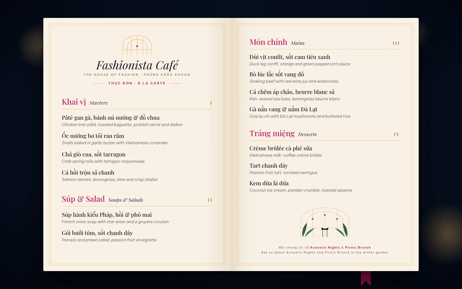 Concept bilingual Vietnamese and English à la carte menu spread for Fashionista Café, French dishes with Vietnamese flavours on ivory paper with gold rules.
