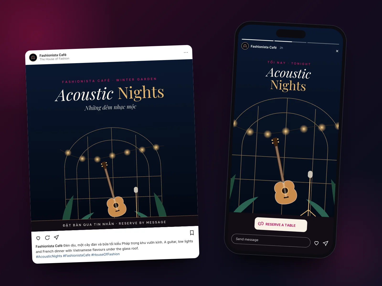 Concept Acoustic Nights social set for Fashionista Café: an illustrated feed post and a matching story on a phone, set in the winter-garden room.