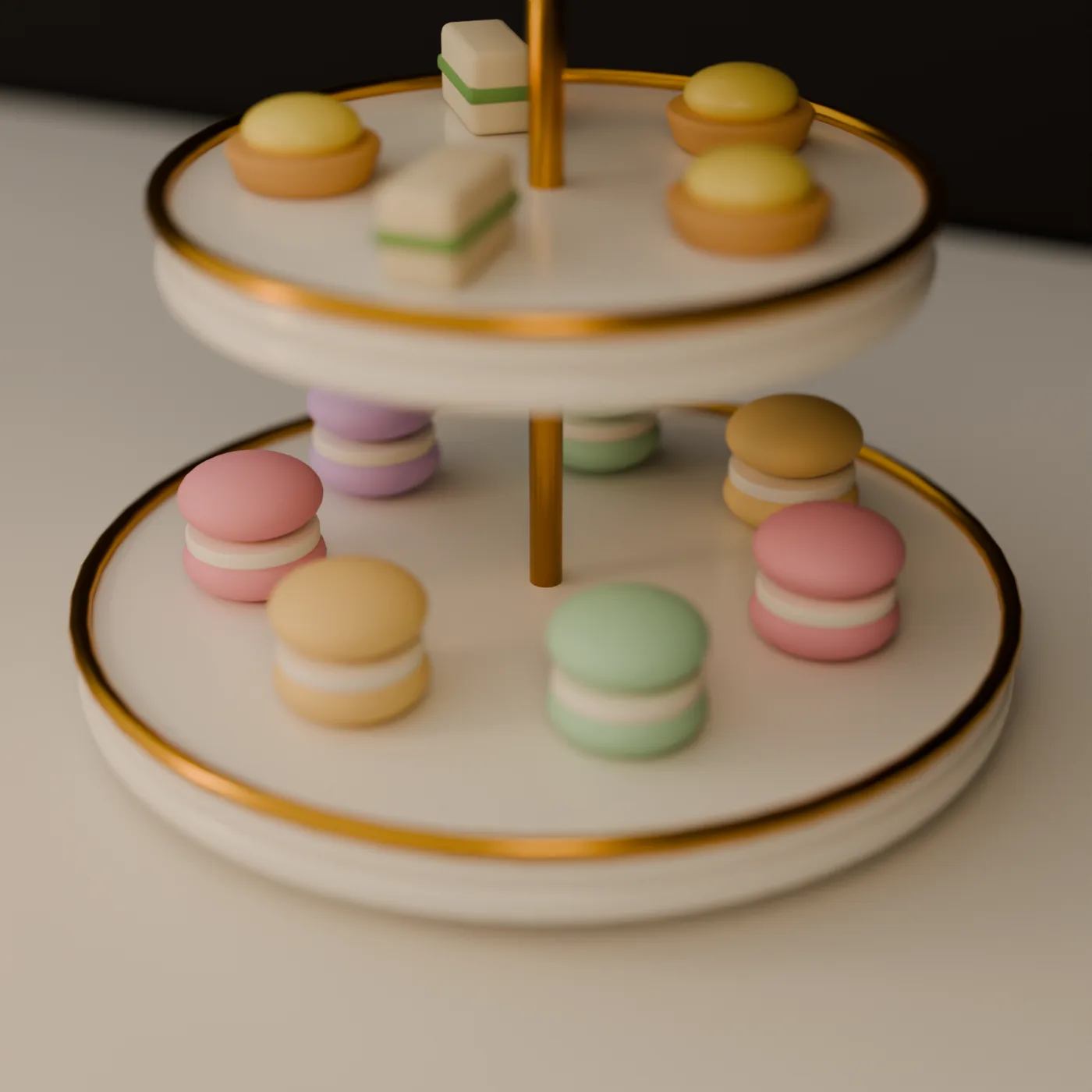 A three-tier stand of macarons, sandwiches, tartlets and strawberries