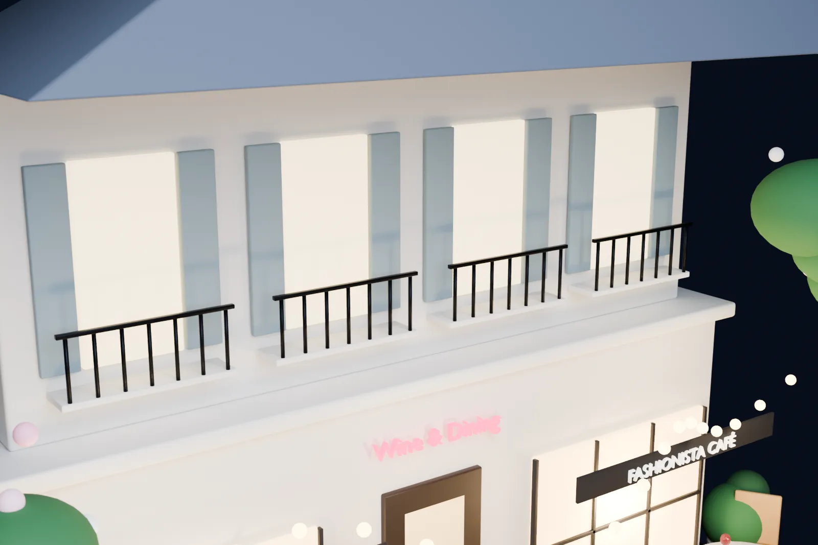 Shuttered windows and iron balconies under the slate roof