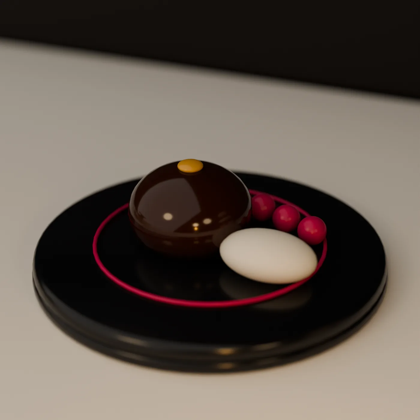 A chocolate dome with gold leaf, cream and raspberries on a black plate