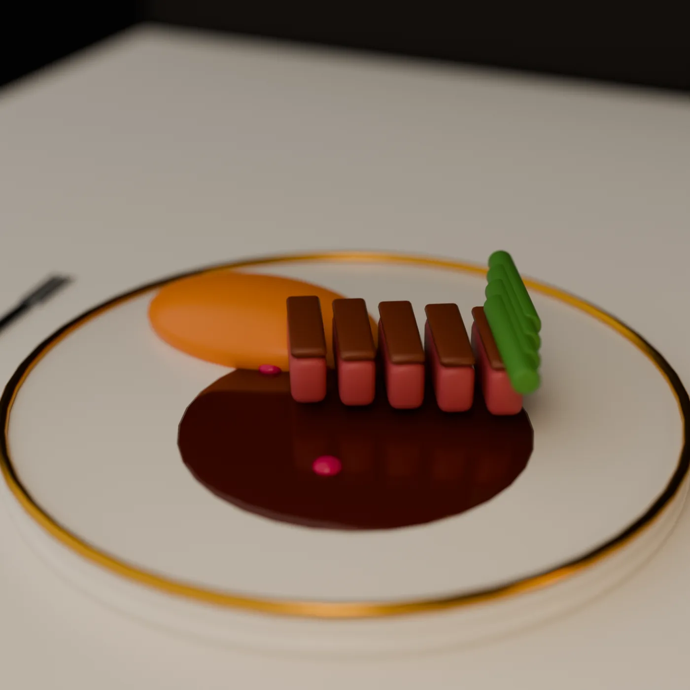 Sliced duck breast with jus and carrot puree on a gold-rimmed plate