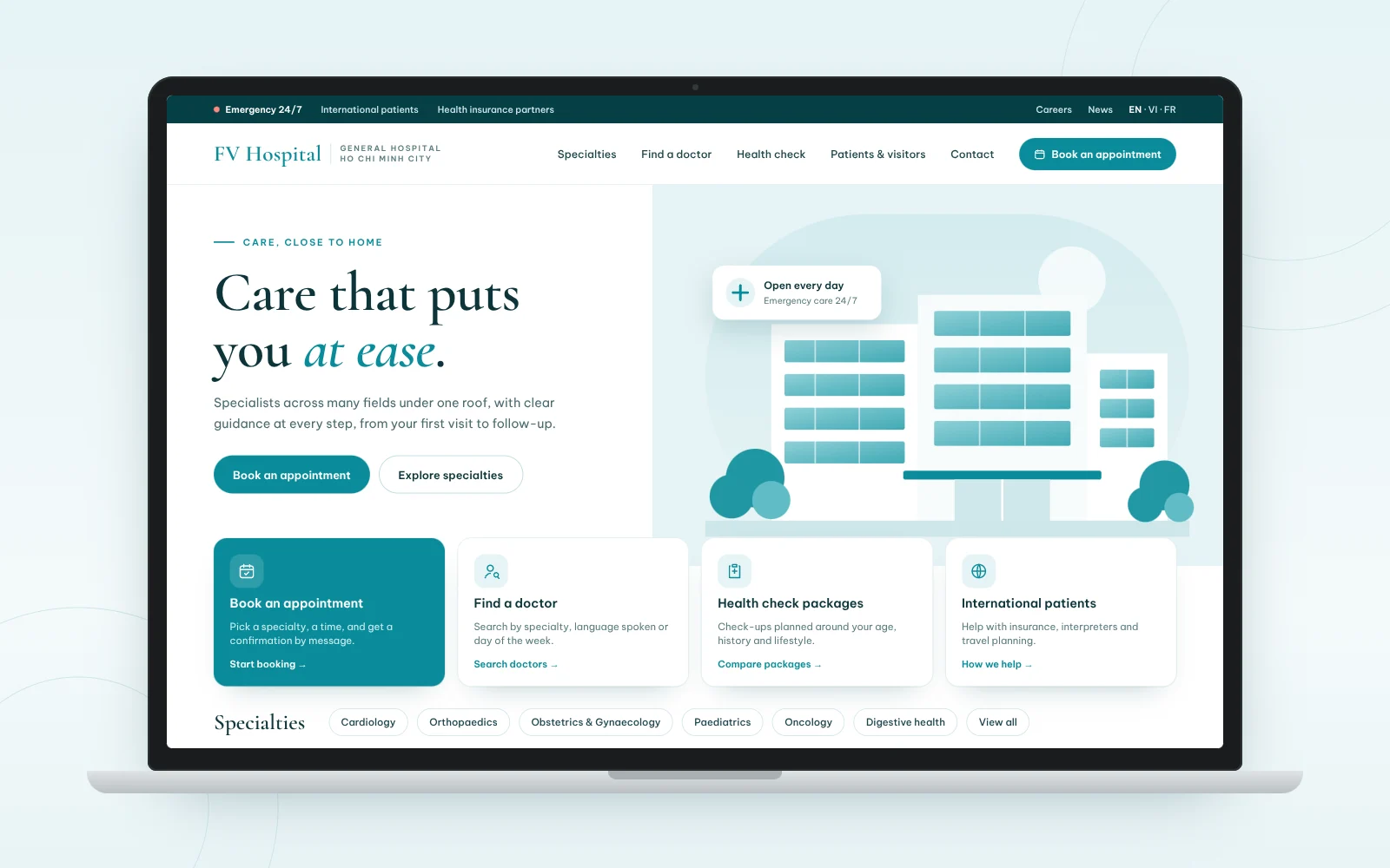 Concept of a calm, teal hospital homepage for FV Hospital on a laptop, with booking, doctor search and health check shortcuts.