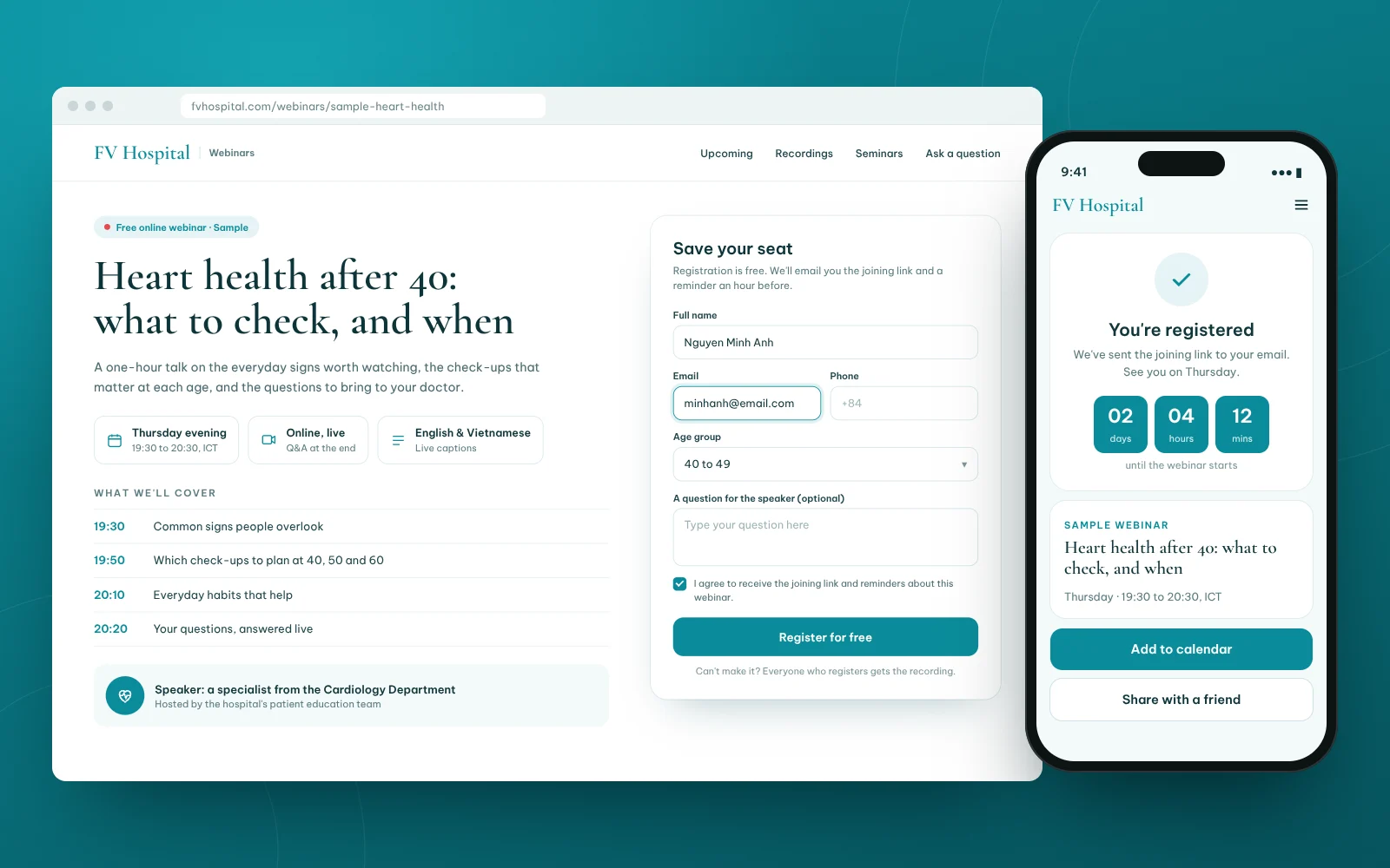 Concept of a webinar registration page on desktop next to the phone confirmation screen, for a sample talk on heart health.
