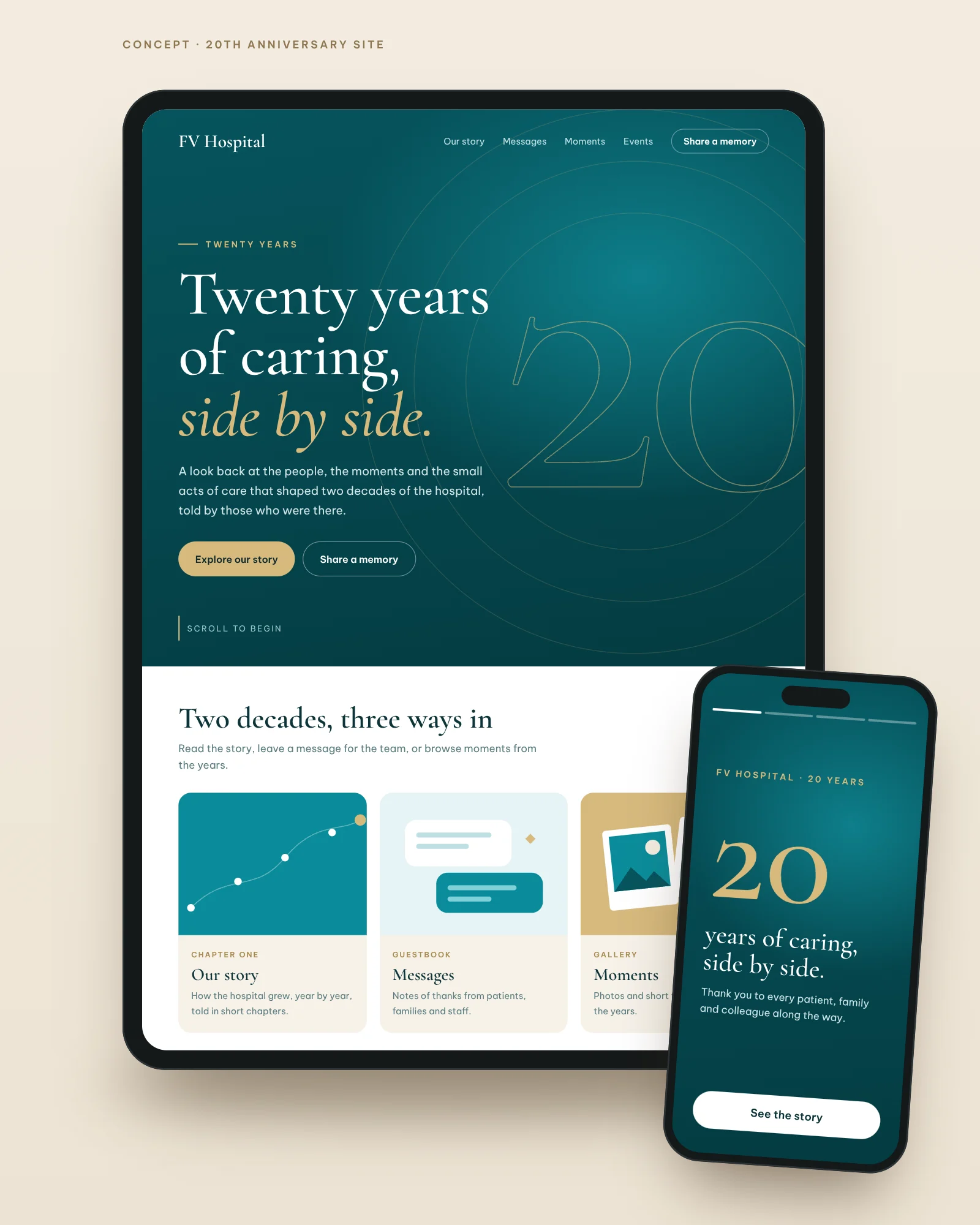 Concept of a 20th-anniversary landing page in deep teal and gold on a tablet, with a matching phone story.