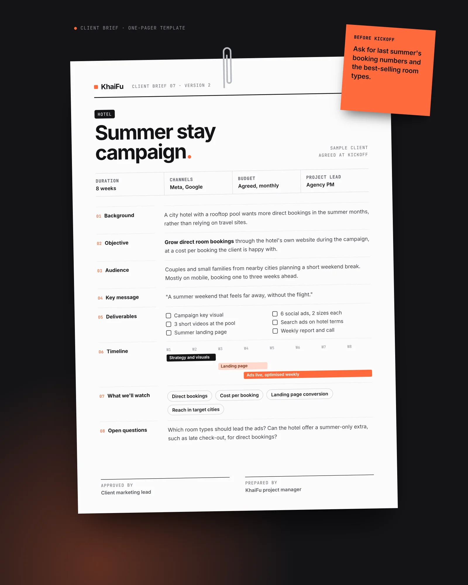 A concept one-page client brief for a sample hotel campaign, with a sticky note clipped to the page.