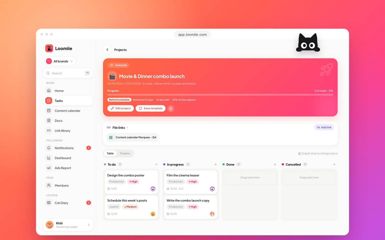The real Loomiie app in a browser: a project page with its progress, file links and a task board sorted into To do, In progress, Done and Cancelled, with the brand's black cat peeking over the window.