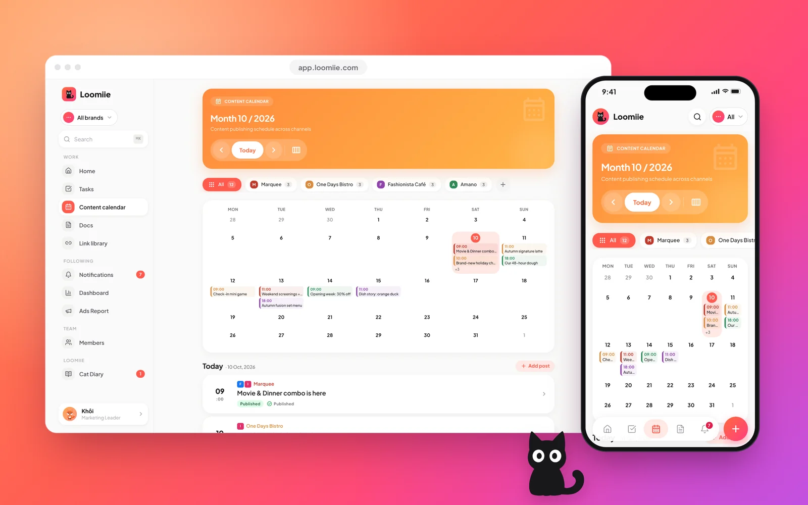 The real Loomiie content calendar on desktop and phone: a month of scheduled posts marked by brand, with the black cat sitting below.