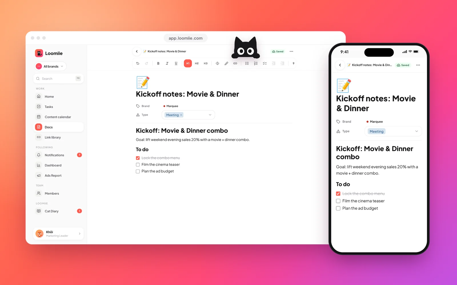 A Loomiie document open on desktop and phone: kickoff notes with a brand and type, a goal and a checklist, with the black cat peeking over the window.