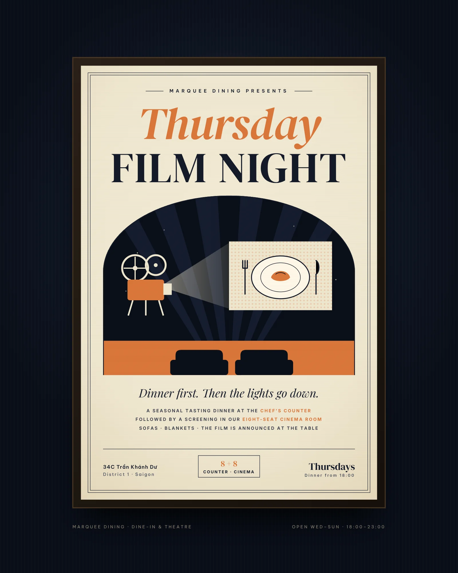 Concept vintage-style film poster for a Thursday Film Night at Marquee Dining, pairing a counter tasting dinner with a screening in its eight-seat cinema room.