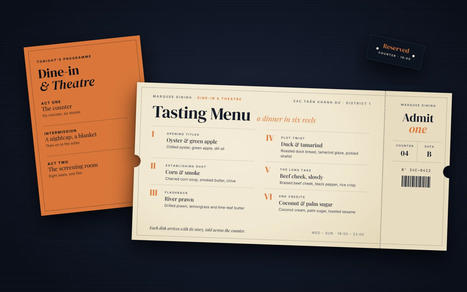 Concept Marquee Dining tasting menu designed as a cinema ticket, listing six courses as film reels, beside an evening programme card.
