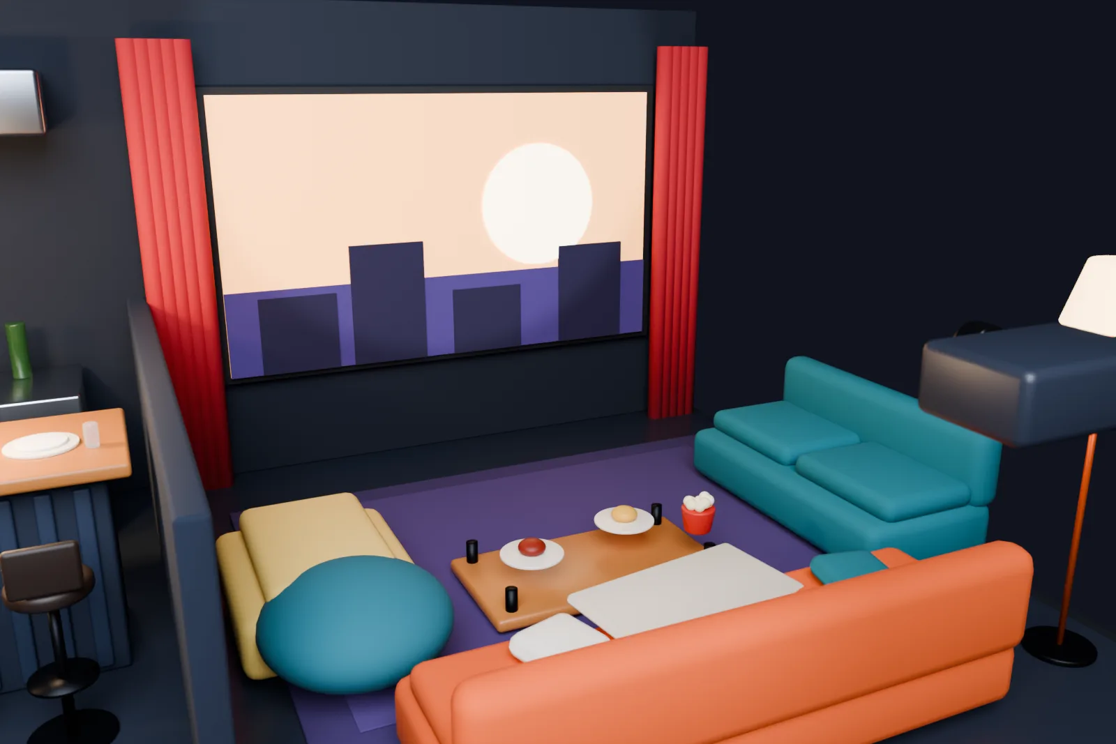 Sofas and a low table facing a screen framed by red curtains
