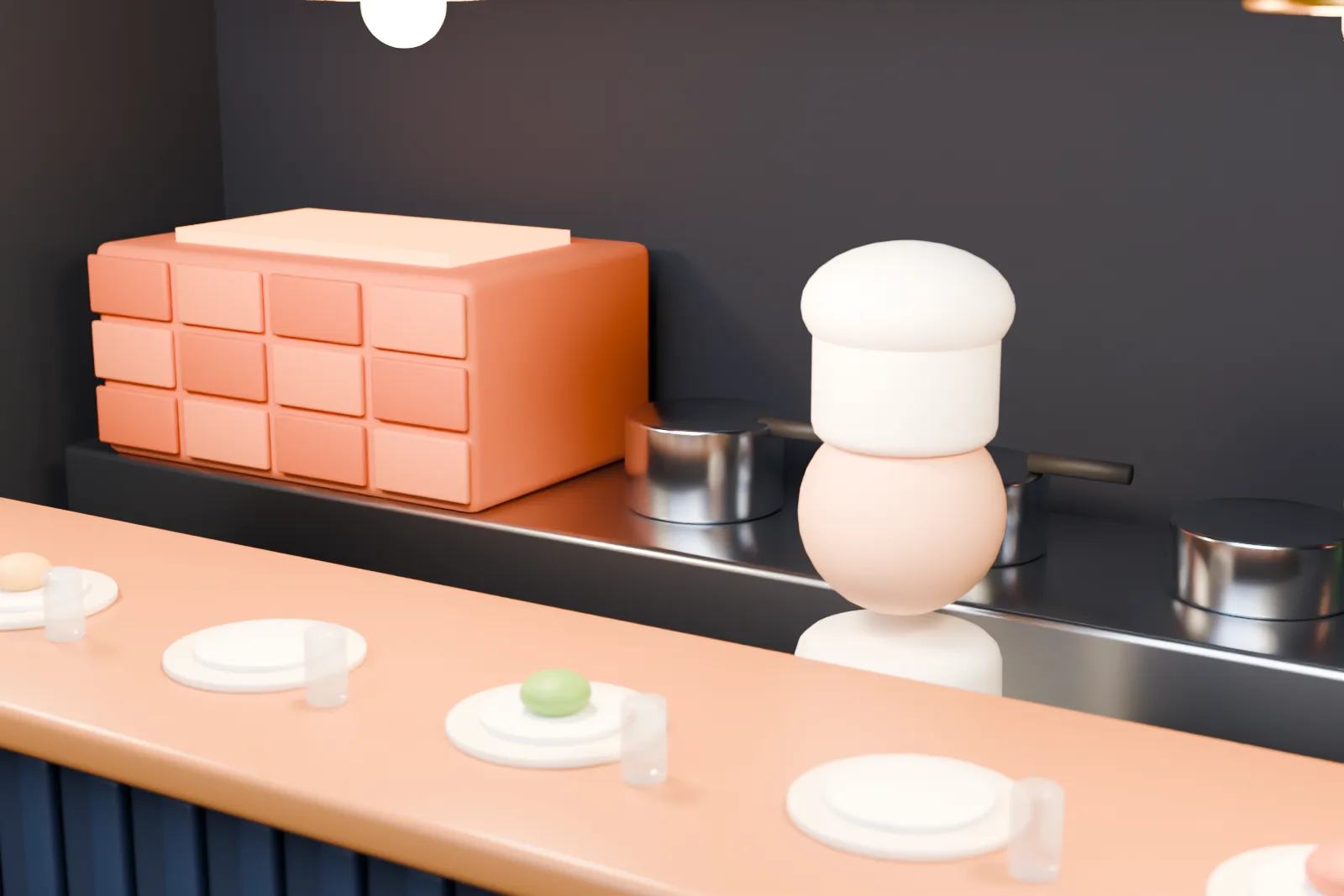 A chef behind the counter beside the tiled grill, plates set out for guests
