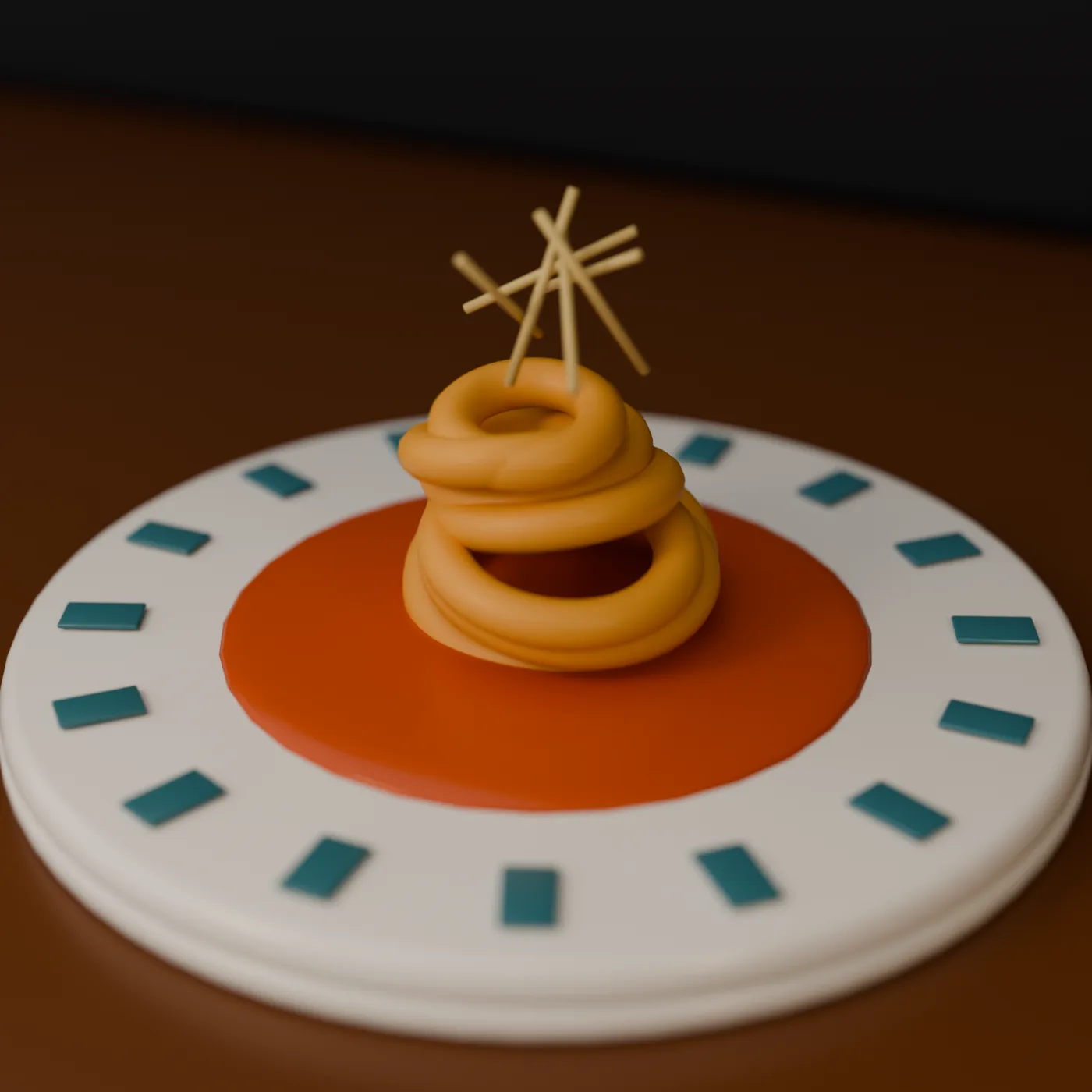 Pasta in tomato sauce in a blue-patterned bowl