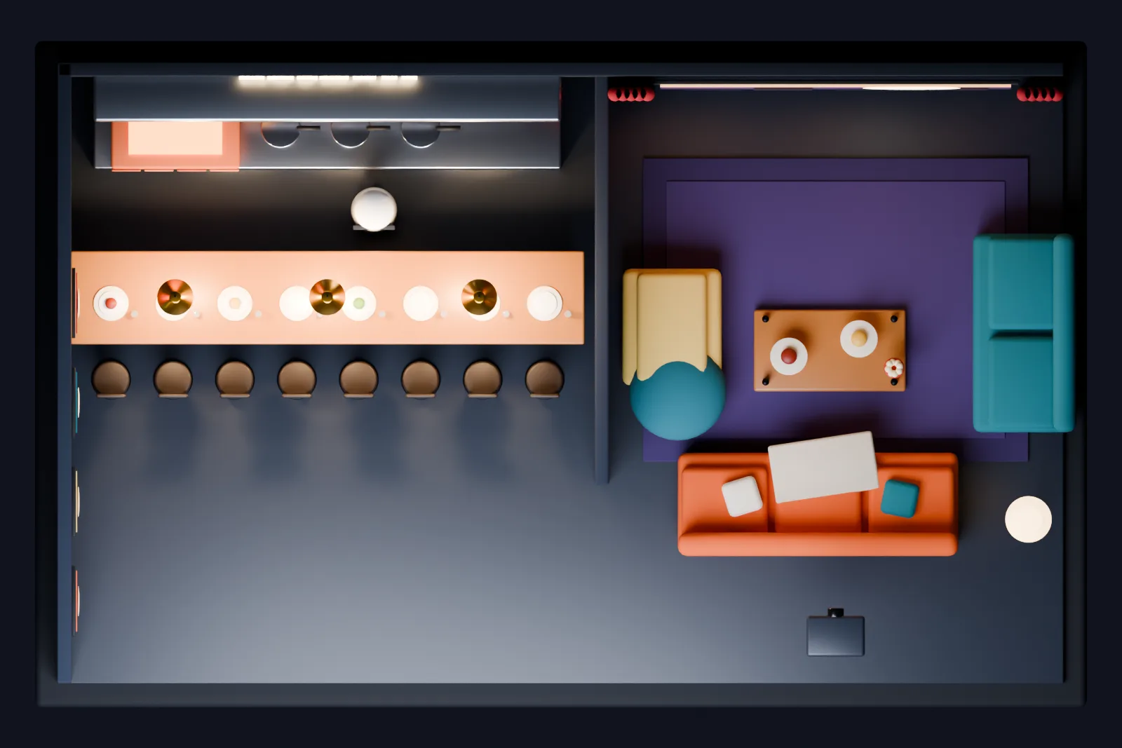 Marquee seen from above: counter and kitchen, cinema room with sofas