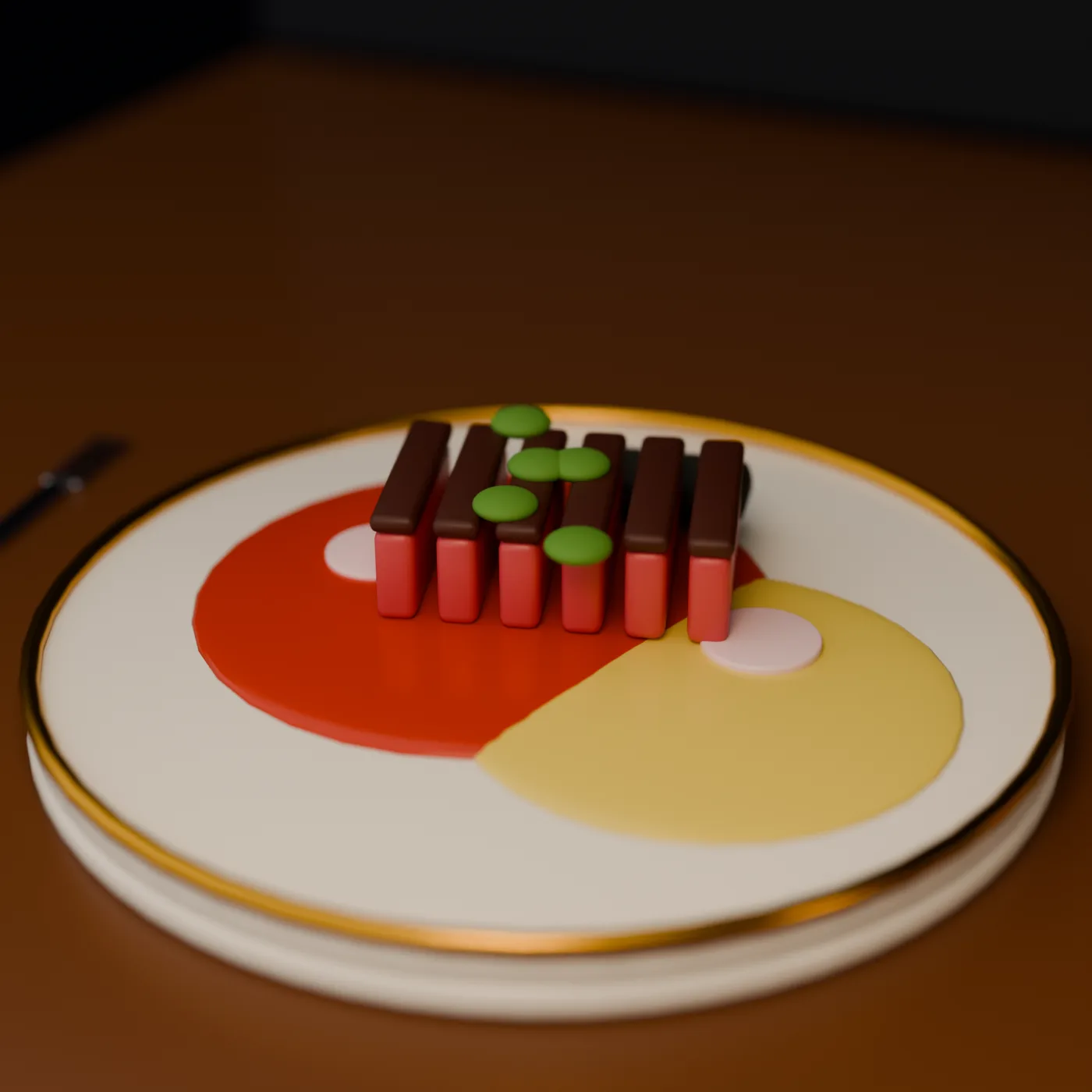 Sliced steak with a red and a yellow sauce on a gold-rimmed plate