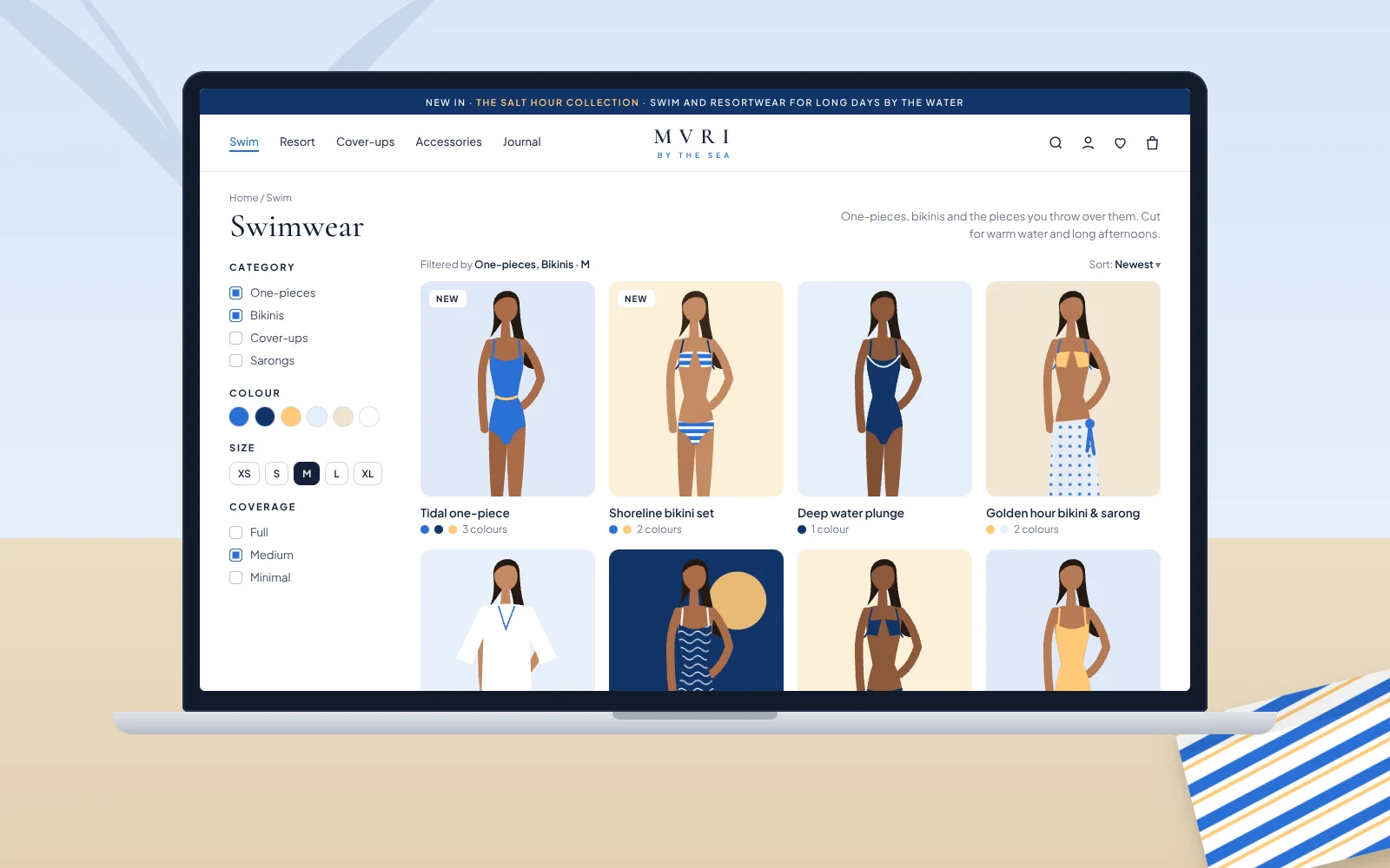 Concept e-commerce swimwear listing page for MVRI by the sea on a laptop, with filters and illustrated swimsuits and resortwear.