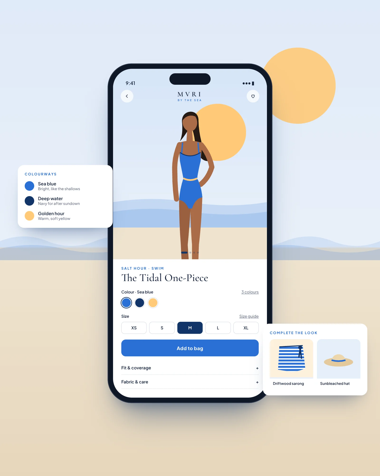Concept mobile product page for an MVRI by the sea one-piece swimsuit, with colour and size options and a complete-the-look panel.