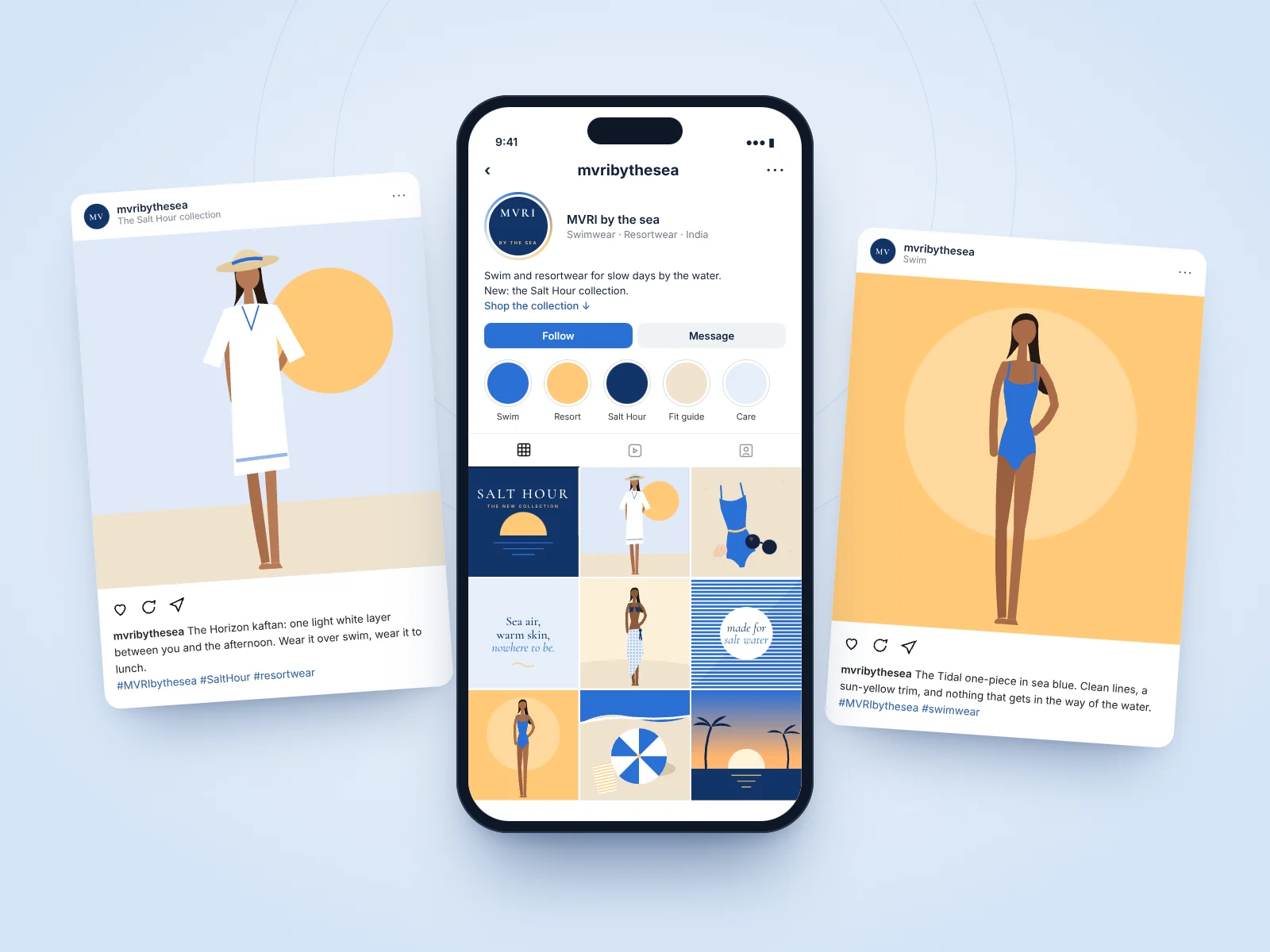 Concept Instagram feed for MVRI by the sea on a phone, a grid of nine illustrated posts flanked by two enlarged posts with captions.