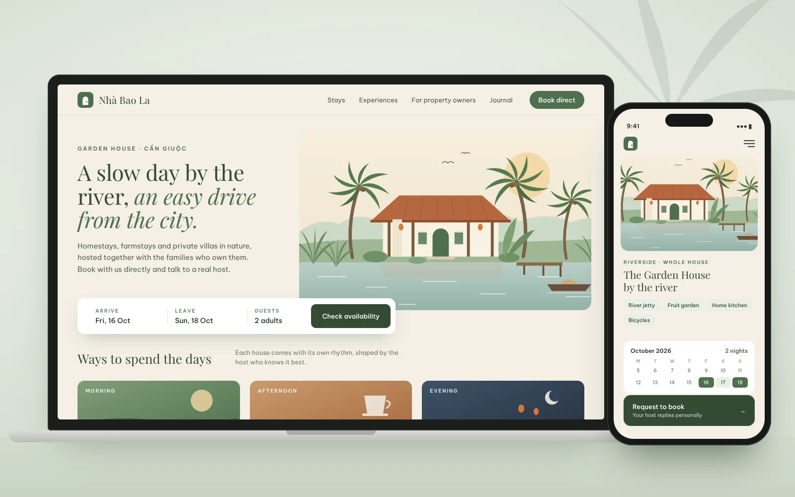 Concept direct-booking website for Nhà Bao La on a laptop and phone, with an illustrated riverside garden house in the hero and a booking bar.