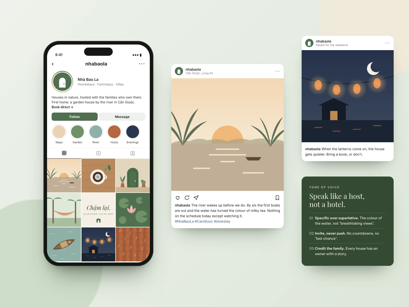 Concept Instagram profile for Nhà Bao La on a phone with a grid of nine illustrated posts, two post captions and a tone-of-voice card.
