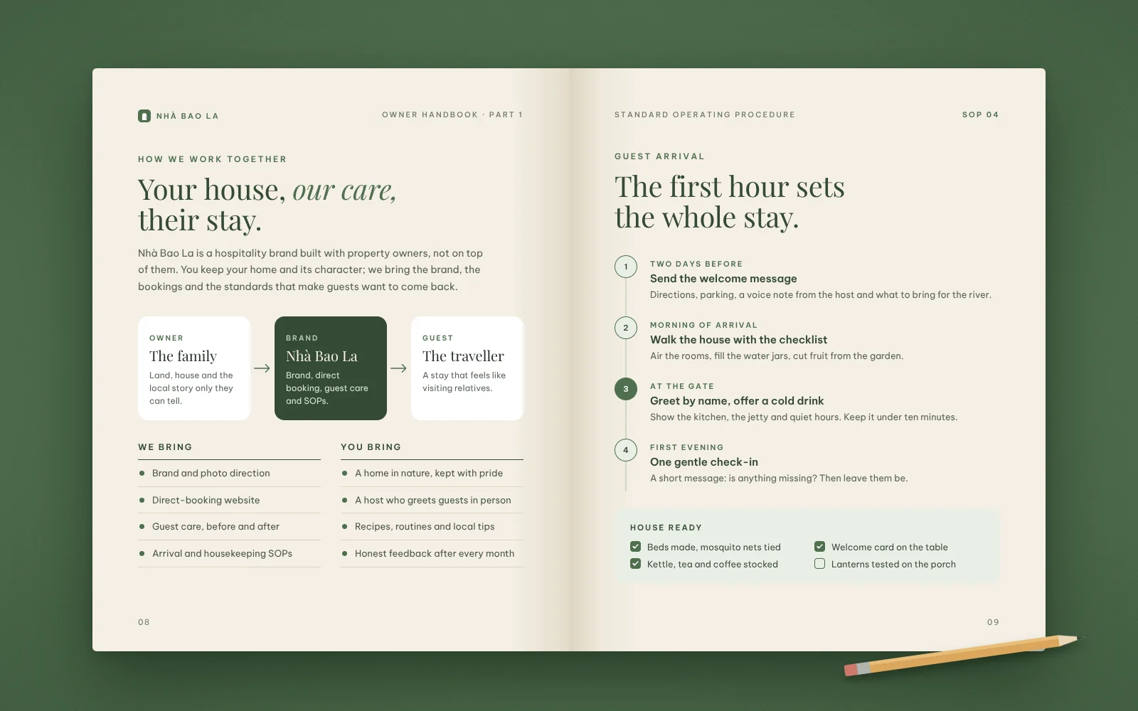 Concept owner handbook spread for Nhà Bao La explaining the owner, brand and guest partnership model alongside a guest-arrival SOP.