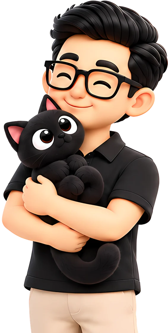 Khôi as a 3D cartoon, holding his black kitten
